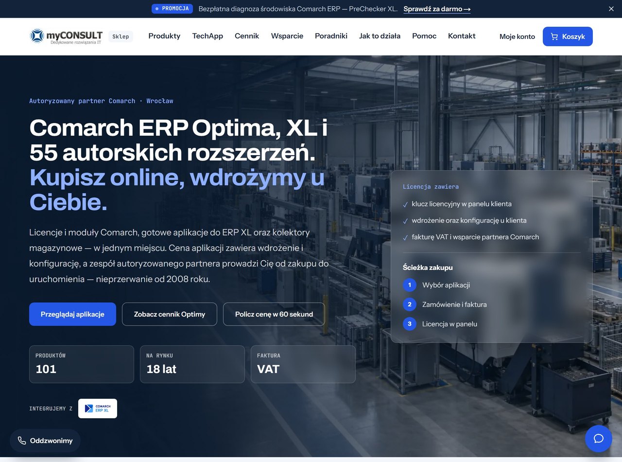 Strona główna sklepu optima-esklep.pl z ofertą Comarch ERP Optima, XL i aplikacji myCONSULT.